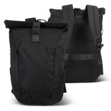 A black roll-up backpack featuring adjustable straps, a front zip pocket, and a textured back panel for comfort.