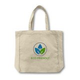 A cream canvas tote bag with two handles and a circular logo featuring green and blue leaves.