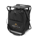 A black cooler seat with a folding frame, featuring a zippered compartment and an external pocket. It has a branding logo.