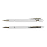 A white stylus pen with silver accents and a clip, featuring a smooth writing tip.