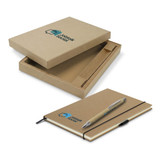 A Kraft notebook with a matching pen, presented in a kraft gift box. The notebook features a logo on the cover.