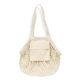 A small cotton mesh tote bag in natural tones with a solid coloured pocket and two straps.