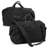 A black duffle bag with dual handles and a removable shoulder strap, featuring a logo and a spacious design.