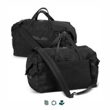 A black duffle bag with handles and a shoulder strap, featuring a logo and a sleek design.