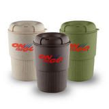 A drink bottle set featuring three eco-friendly cups in cream, brown, and green, each with a textured grip and a lid.