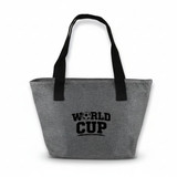 A grey lunch bag with black handles and a logo featuring the words "WORLD CUP". Spacious and stylish design.