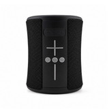 A black portable speaker featuring control buttons and a textured exterior, with a logo on its front.