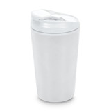 A reusable coffee cup in white with a secure lid and a built-in handle; features a logo.