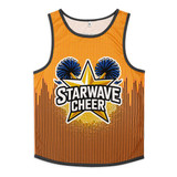 An orange active tank top featuring a star graphic with cheerleading pom-poms and a logo.