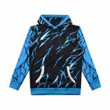 A black and blue men's active hoodie with a swirling pattern and a lightning design. It features a front pocket and a hood.