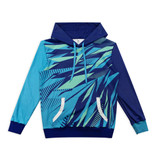 A custom women's active hoodie featuring a blue and green abstract design with a hood and front pockets.