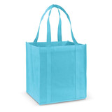 A turquoise tote bag with sturdy handles and a rectangular shape. It features a logo on the front.