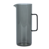 A drink bottle in a sleek, grey design with a tall, cylindrical shape and a black handle.