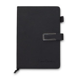 A black weekly diary with a clasp and metal accent. It features a logo on the cover.
