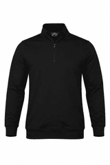 A black men's quarter-zip sweater with long sleeves and a logo on the chest.