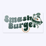 A rectangular sticker featuring the words "Smash Burger" in playful text with a character holding a tennis racket. Predominantly green and white.