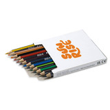 A set of 12 colouring pencils in various colours, displayed in a white box with a logo.