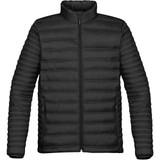 A black thermal puffer jacket with a zip front and standing collar, featuring side pockets and a branding logo.