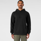 A black hoodie with a front pocket and drawstring hood, featuring a logo on the chest.