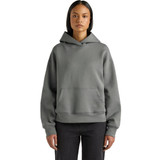 A grey active hooded sweatshirt with a front pocket and a relaxed fit, displayed on a model.