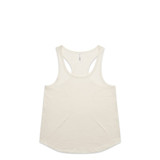 A cream racerback tank top with a rounded hem and a logo at the label.