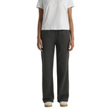 Cuffless track pants in faded black, featuring a relaxed fit and paired with a plain white t-shirt.