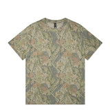 A heavy faded camo tee in shades of green and beige, featuring a camouflage pattern and a tag at the neck.