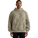 A hooded sweatshirt in a faded green and brown camo pattern, featuring a front pocket and long sleeves.