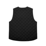 A black quilted vest with a diamond pattern, featuring no sleeves and a curved hemline, and a logo on the back.