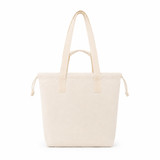 A cream tote bag with two handles and a drawstring closure. It features a branding logo.