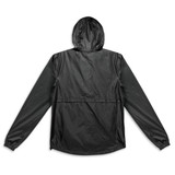 A black unisex windbreaker featuring a hood and long sleeves, with a logo present on the garment.