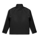 A black unisex softshell jacket with a high collar and long sleeves, featuring a logo on the back.
