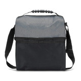 A black and grey cooler bag with a shoulder strap and a top handle, featuring a front pocket and a logo.