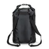 A black 20L dry bag with adjustable shoulder straps and clips. It features a minimalistic design with a logo.
