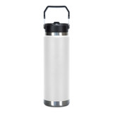 A drink bottle in matte white with a black lid and handle, featuring a stainless steel base.