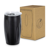 A drink bottle in matte black with a clear lid, packaged beside a plain brown box.