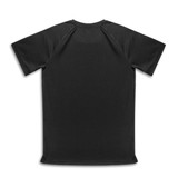 A black unisex T-shirt featuring a logo, with a simple and modern design.