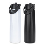A drink bottle featuring a sleek design in white and black, with a black cap and handle, and a branding logo.