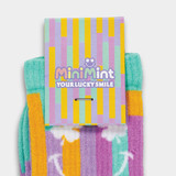 A pair of knitted bamboo socks in shades of teal, purple, and orange, with a colourful packaging design.
