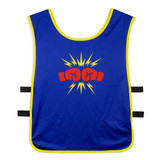 A blue unisex bib with a red fist graphic and yellow trim, featuring black straps on the sides.