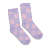 A pair of lavender socks with pink smiley face patterns, featuring ribbed texture and a logo.