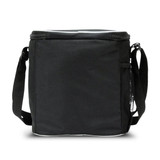A black cooler bag with a zip closure and a mesh side pocket, featuring a shoulder strap for easy carry.