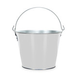 A silver ice bucket with a metal handle and a shiny, reflective finish. It has a smooth, rounded design.