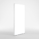 A white portable event lightbox banner stand with a minimalistic design, featuring a sturdy base.