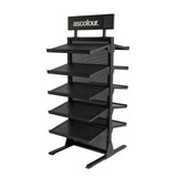 A black hat rack with six mesh shelves and a logo at the top, designed for displaying hats or accessories.