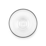 A clear drink tumbler with a black rim, featuring a smooth interior and a simple design.