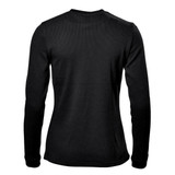 A black long-sleeve women's henley shirt with a textured fabric and a round neck. It features a logo on the back.