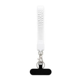 A white wrist strap with tactile elements, featuring a metal keyring and a black holder at the end.