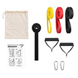 A fitness set with resistance bands in red, yellow, and black, two handles, carabiners, instruction sheet, and a storage bag.