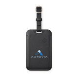 A black luggage tag tracker with a logo and a loop strap for attachment. Designed for easy identification.
